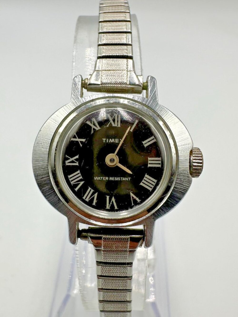 Timex Manual Wind Watch Women Silver Tone Brown Dial Stretch Band 6.75 Inch